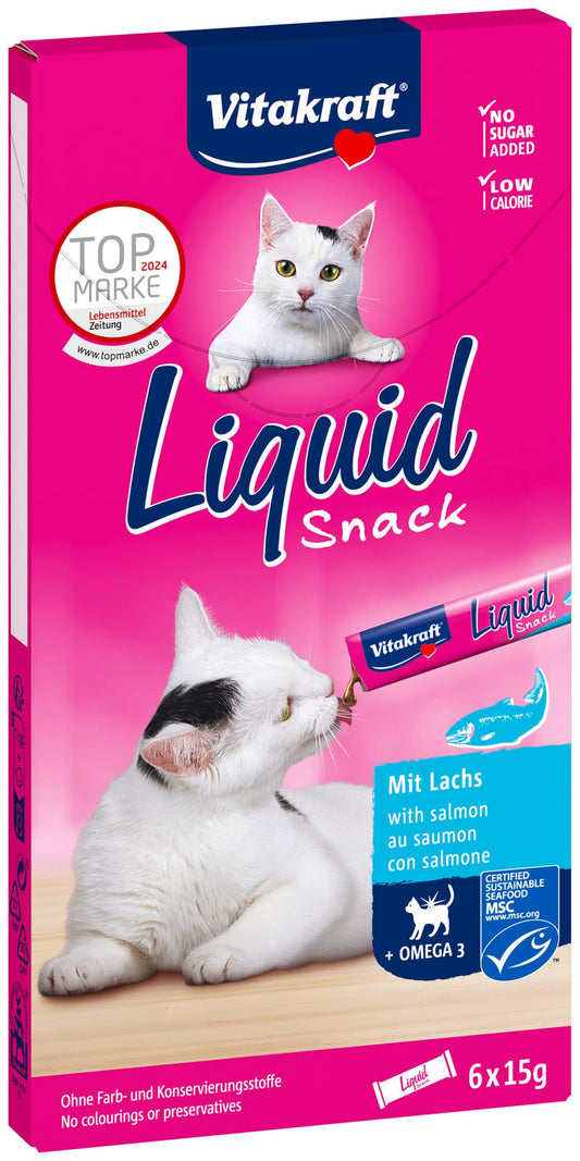 Vitakraft Liquid Snack kaķiem, krēmīga uzkoda ar lasi un Omega 3, 6 x 15g