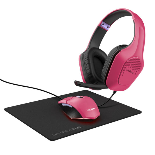 Trust Gaming GXT 790P Tridox Gaming PC komplekts - Vieglas austiņas, programmējama USB pele, peles paliktnis, rozā.