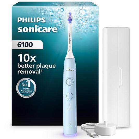 Philips Sonicare 6100 elektriskā zobu birste, skaņas zobu birste ar 2 tīrīšanas režīmiem, 3 intensitātes līmeņiem, spiediena kontroli, EasyStart, SmarTimer, BrushPacer, gaiši zila, modelis HX7406/02 [Jauna tehnoloģija]