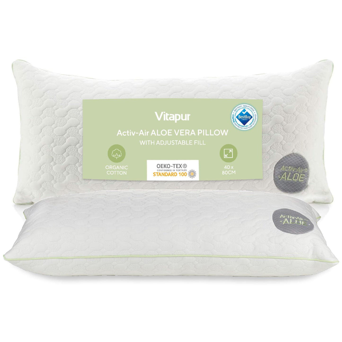 Vitapur galvas spilvens 40x80 cm ar Aloe Vera, vasarā vēss, ziemā silts, regulējams augstums, elpojošs spilvens sānu, muguras un vēdera gulētājiem, mazgājams 60°C
