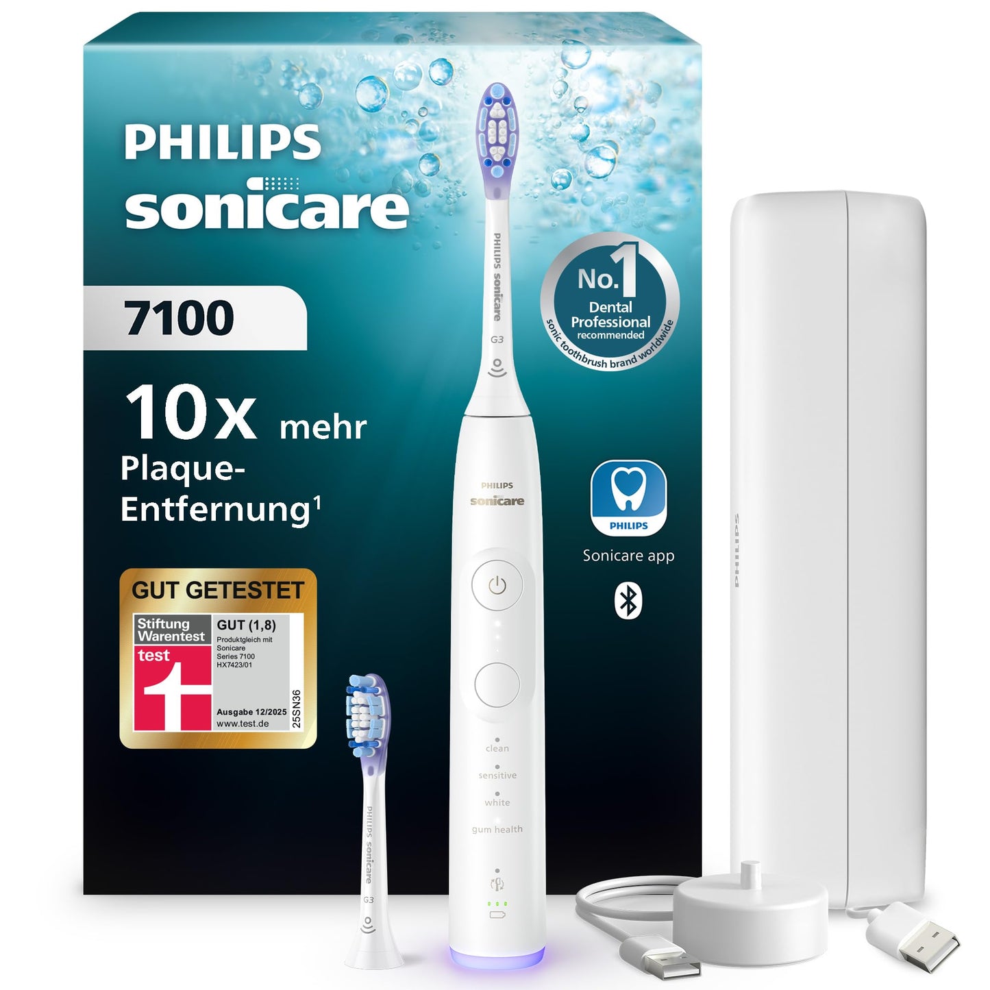 Philips Sonicare 7100 elektriskā zobu birste, skaņas zobu birste ar lietotni, 4 tīrīšanas režīmi un 3 intensitātes līmeņi, spiediena kontrole, EasyStart, SmarTimer, balta, modelis HX7420/02 [Jauna tehnoloģija]