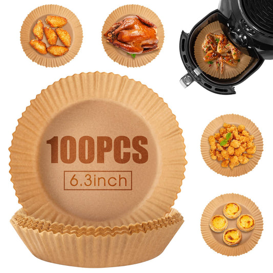 Uten Airfryer pergamenta papīra ieliktnis - apaļš, eļļas necaurlaidīgs, ūdensnecaurlaidīgs, nelīpošs, 100 gabali, 16 cm.