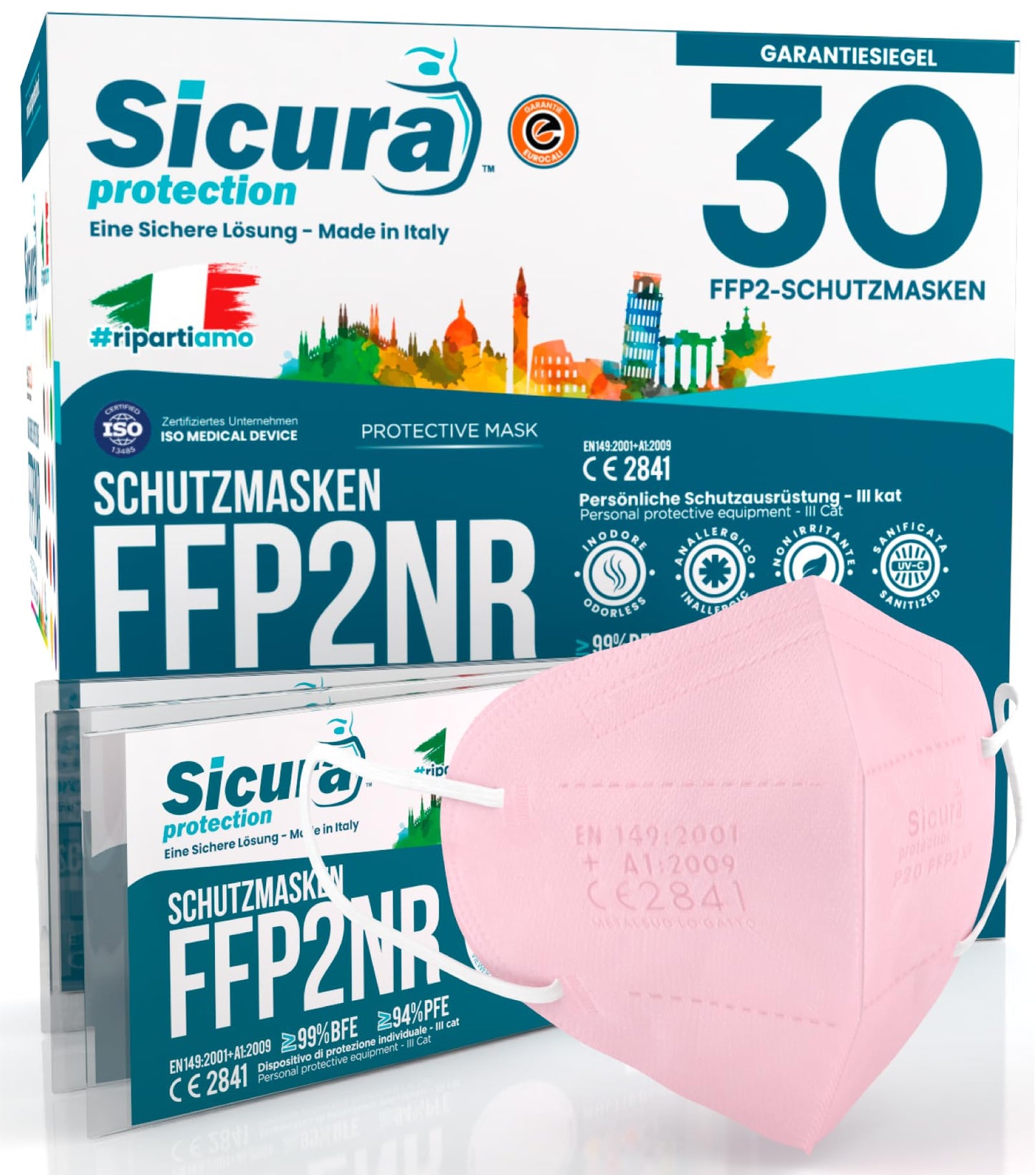 FFP2 maskas, 30 gab., SICURA, rozā, ar reljefu logo, BFE ≥99%, ražotas Itālijā, SANITIZED, katra atsevišķi iepakota