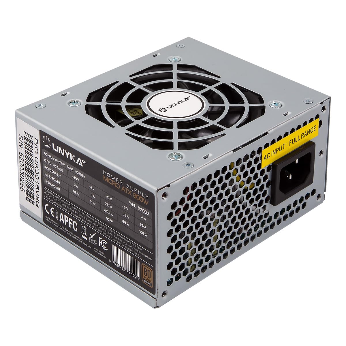 UNYKAch SFX 300W - 300W power supply, 100-240V, 50/60Hz, active, 3A, 2.7A, silver finish.