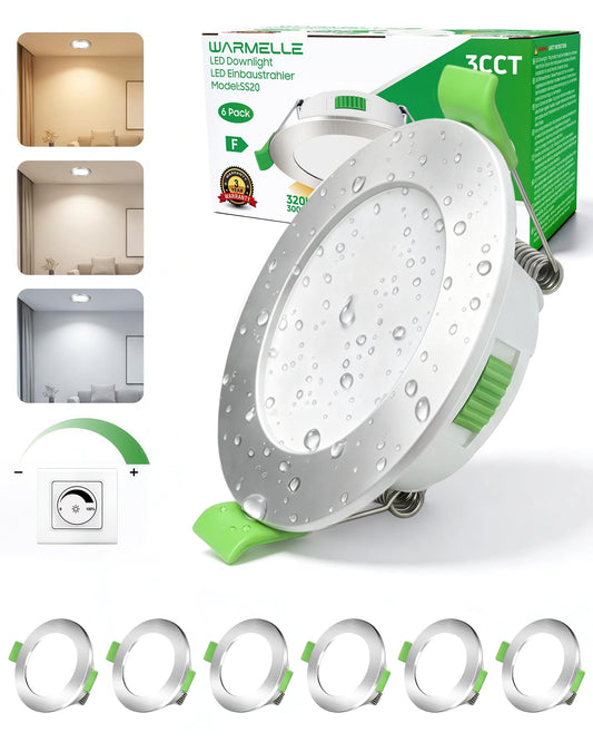 LED iebūvētie prožektori WARMELLE 230V, 6 gab. komplekts, dimmējami LED spoti 230V IP65, 3000K/4000K/6500K, 360 lm, 4W, CRI>80, vannas istabai, virtuvei, viesistabai, cauruma izmērs Φ55-68 mm, niķelis