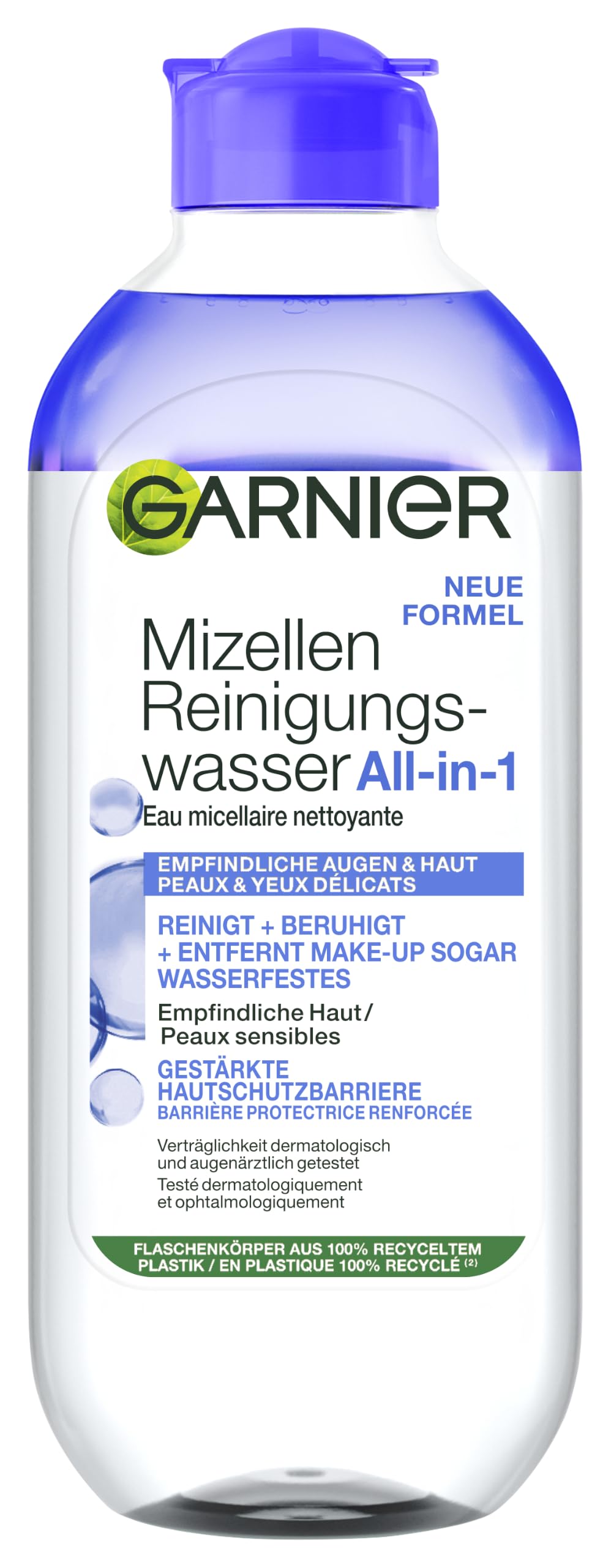 Micelārais attīrošais ūdens Garnier bez smaržas 3-in-1 ar glicerīnu īpaši jutīgai ādai un acīm, kosmētikas noņēmējs un sejas attīrīšana, Skin Active, 1 x 400 ml