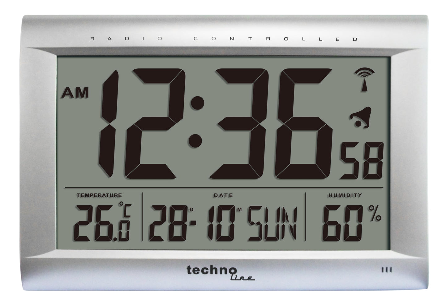 Radiovadāmais sienas pulkstenis Technoline WS 8009 ar DCF uztveršanu, XXL LCD displejs, temperatūras un mitruma rādījums, kalendārs ar nedēļas dienu, modinātājs ar snooze, sienas un galda pulkstenis, balts