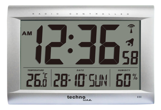 Radiovadāmais sienas pulkstenis Technoline WS 8009 ar DCF uztveršanu, XXL LCD displejs, temperatūras un mitruma rādījums, kalendārs ar nedēļas dienu, modinātājs ar snooze, sienas un galda pulkstenis, balts