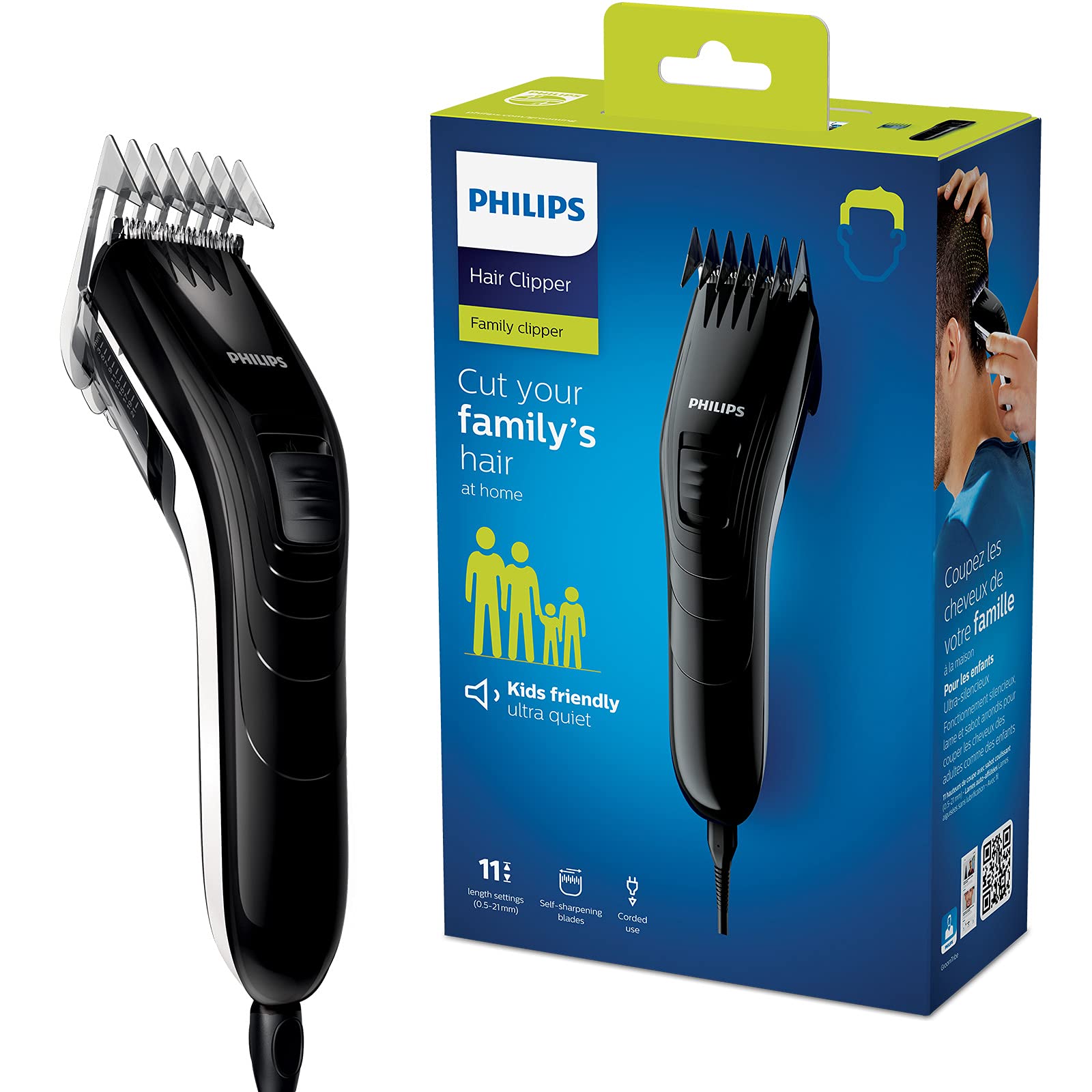 Philips matu griezējs visai ģimenei QC5115/15 ar nerūsējošā tērauda asmeņiem, 11 garuma iestatījumiem, izmantošana ar vadu