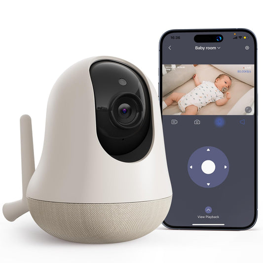 Bērnu kamera ar monitoru nooie, 2K viedais babyphone ar lietotni, temperatūras uzraudzība, 2.4/5GHz Wi‑Fi, nakts redzamība, divvirzienu audio, raudāšanas/trokšņa noteikšana, AI izsekošana, saderīgs ar Alexa