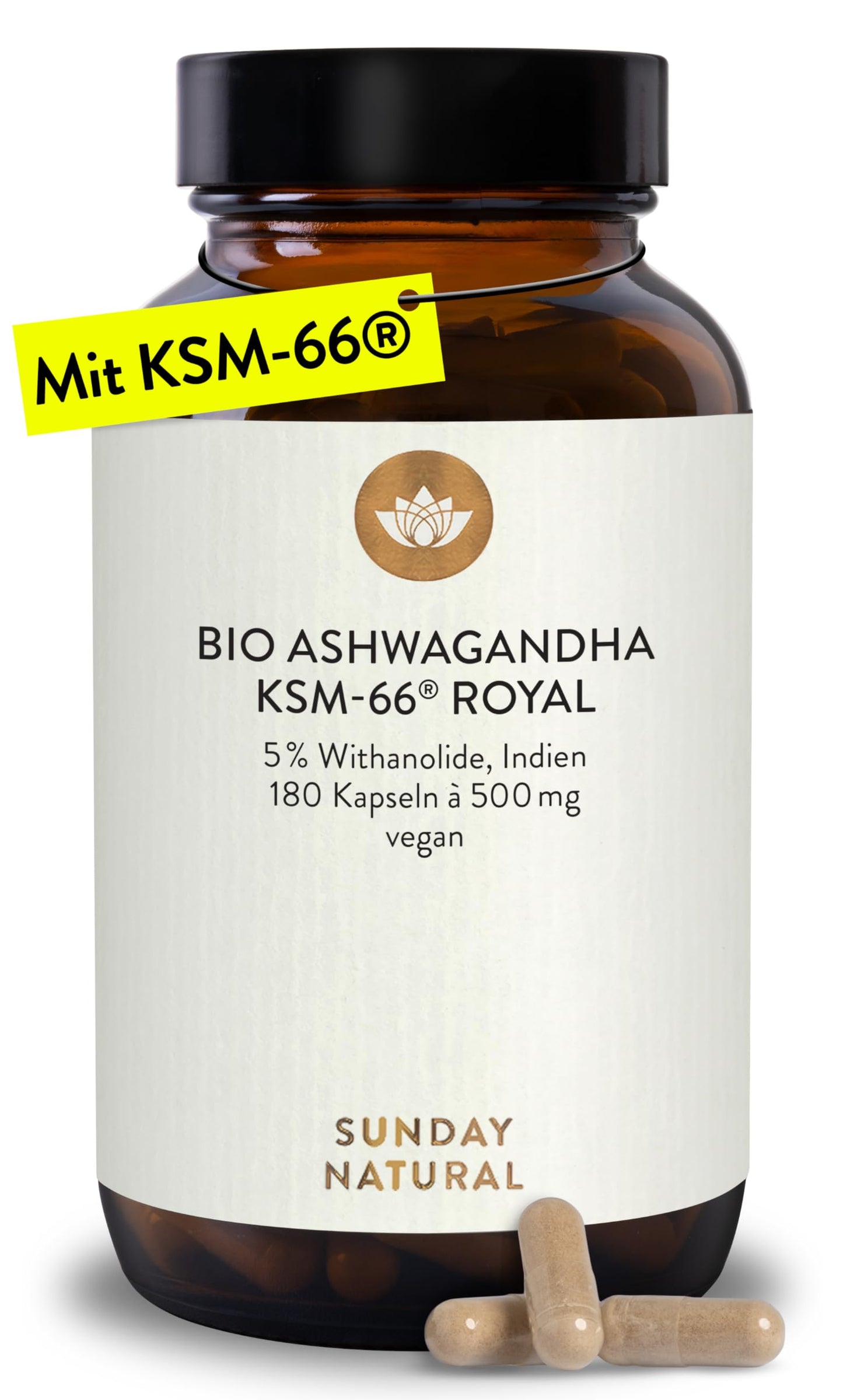 Ašvagandas kapsulas SUNDAY NATURAL® Bio KSM-66® – 180 kapsulas, 1.000 mg sakņu ekstrakta un 50 mg withanolīdu dienas devā, ašvaganda no Indijas