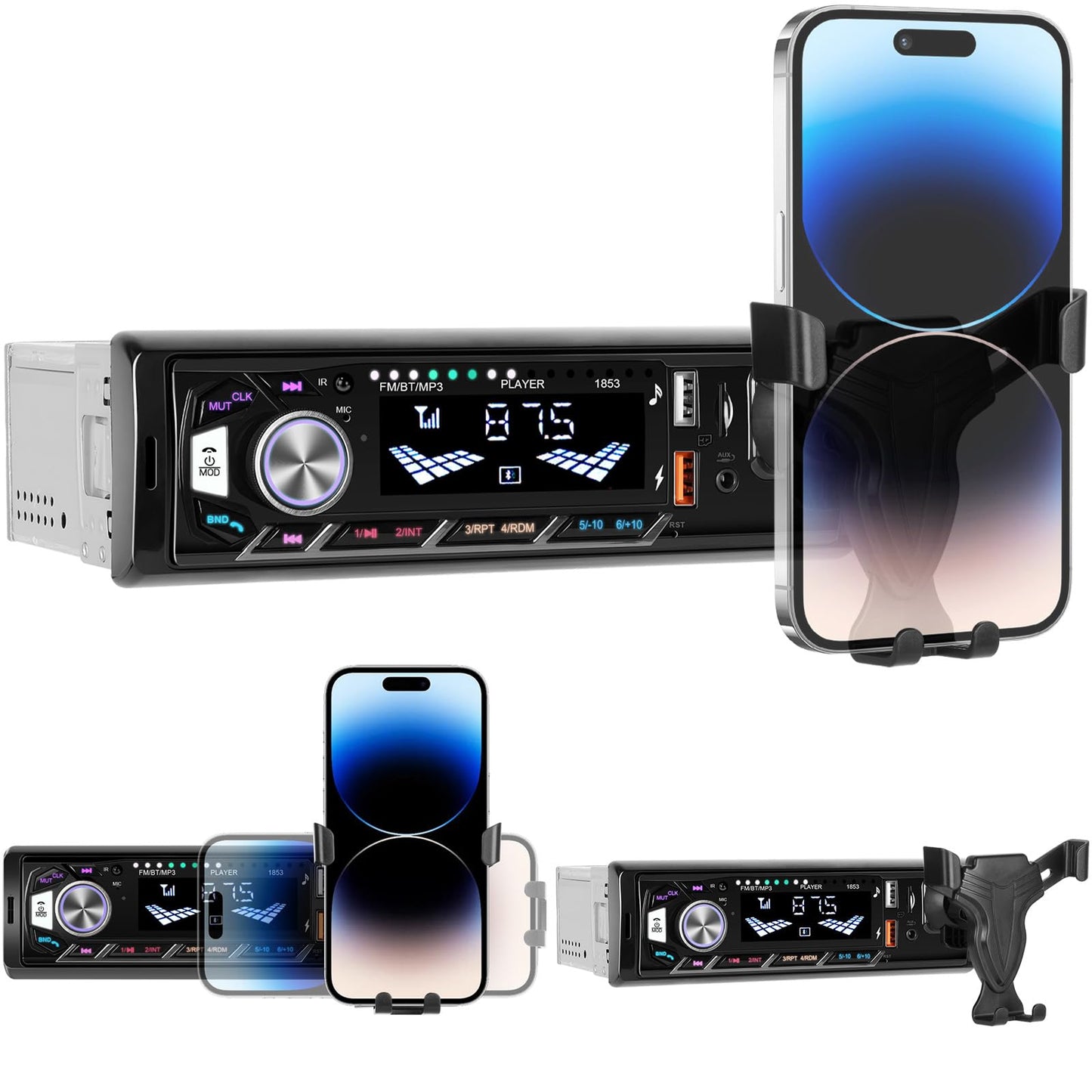 CAMECHO autoradio 1 Din ar Bluetooth 5.0 un tālruņa turētāju, autoradio ar Bluetooth brīvroku funkciju, MP3 uztvērējs ar U Disk/FM/TF karti/AUX/2 USB, 7 krāsu apgaismojums, 4 * 45W