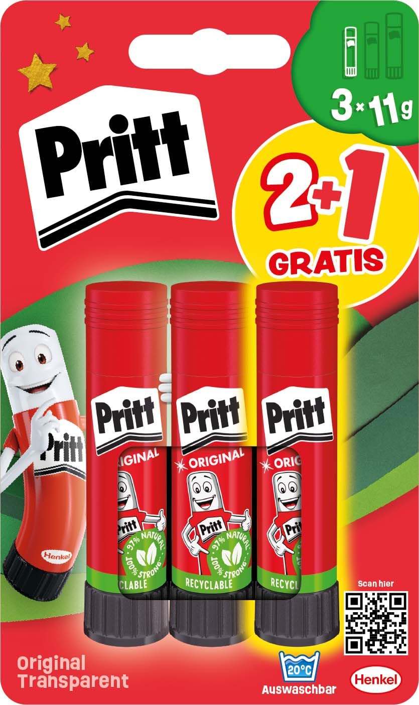Līmes stick Pritt BTS veicināšanas komplekts ar 3x11g līmes stickiem, droša un bērniem draudzīga līme mākslai un rokdarbiem, spēcīga līme skolai, 9H PGS5B
