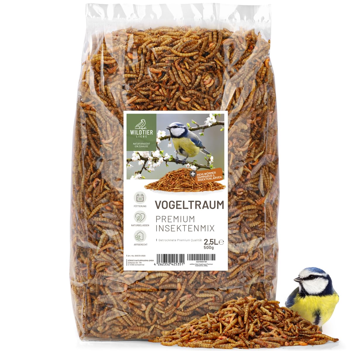 Kaltēti miltu tārpi un kukaiņu maisījums putniem 2,5 Liter wildtier liebe Vogeltraum Premium | Gammarus un kukaiņu kāpuri savvaļas putniem