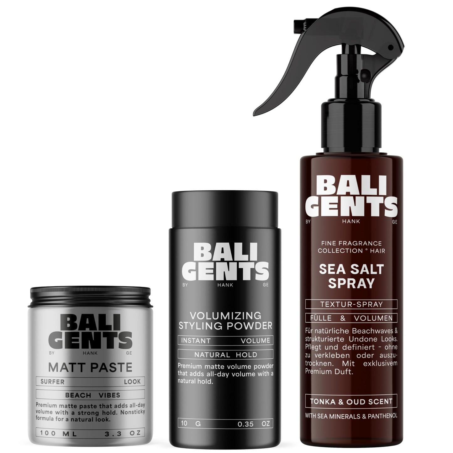 BALI GENTS Styling Heroes Bundle, matētas pastas, veidošanas pulvera un jūras sāls spreja komplekts vīriešiem, 100 ml + 10 g + 175 ml