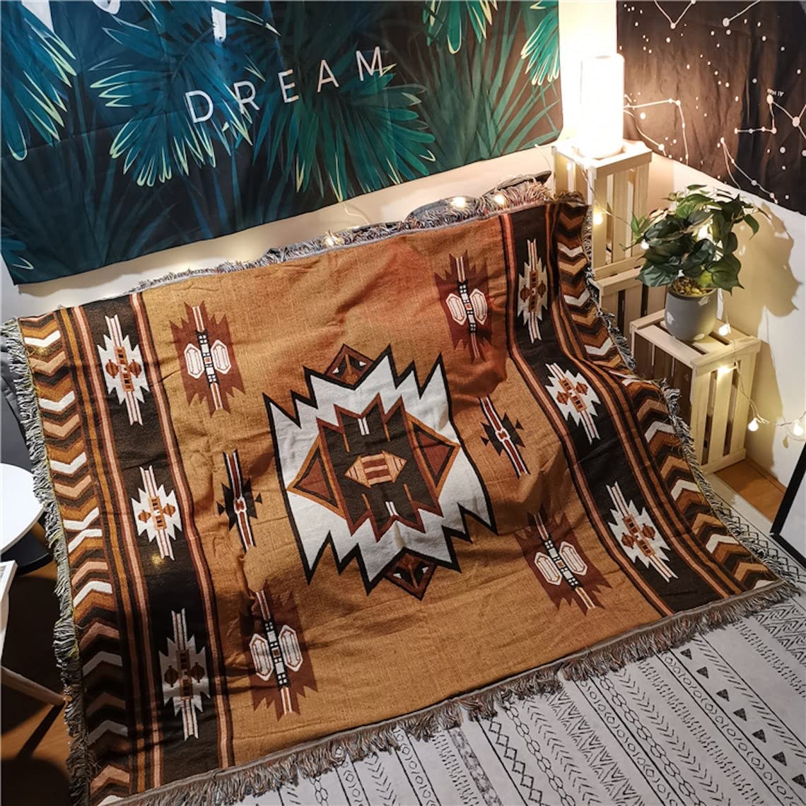 Azteku pleds CCHYF, divpusējs, ar bārkstīm, boho dekors, 130 x 160 cm, brūns