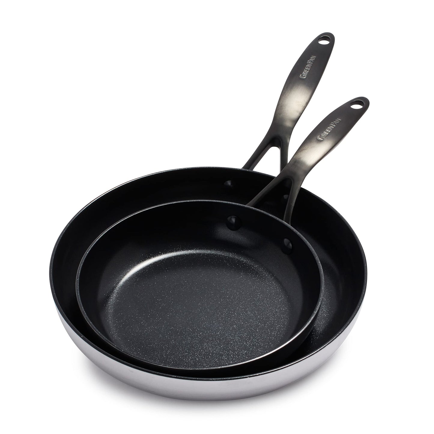 GreenPan Venice Pro Noir 20cm un 26cm cepšanas pannas komplekts, 3-slāņu nerūsējošais tērauds, veselīga keramikas nelipīga pārklājuma, matēti melna rokturis, PFAS brīvs, indukcija, mazgājams trauku mazgājamā mašīnā, cepeškrāsnī izturīgs, sudrabs