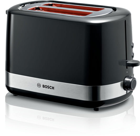 Bosch Kompakt tosteris ComfortLine TAT6A513, divām šķēlēm, ar iebūvētu maizes uzsildītāju, ar atkausēšanas/uzsildīšanas funkciju, 800W, melns