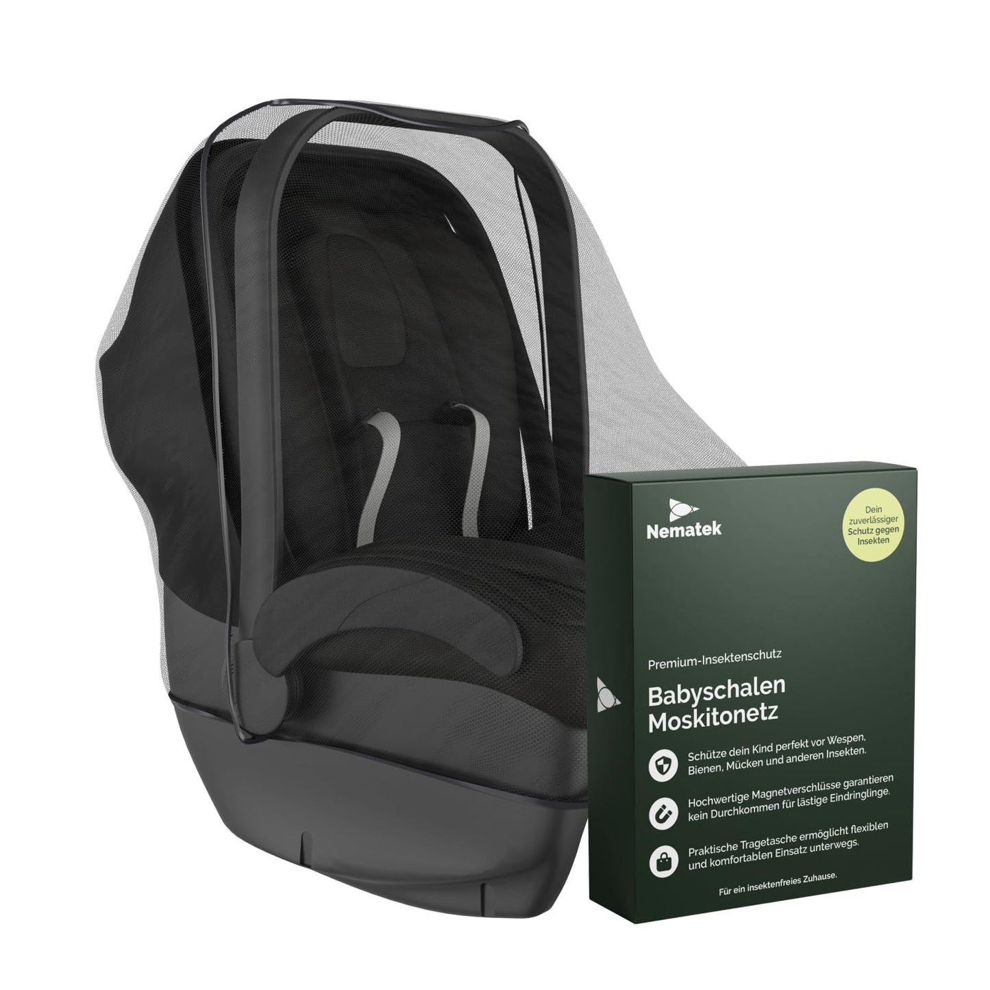Nematek Premium moskītu tīkls mazuļa aizsardzībai ar magnētisku atveri, der Maxi-Cosi un Cybex, ar pārnēsāšanas somu un gumiju