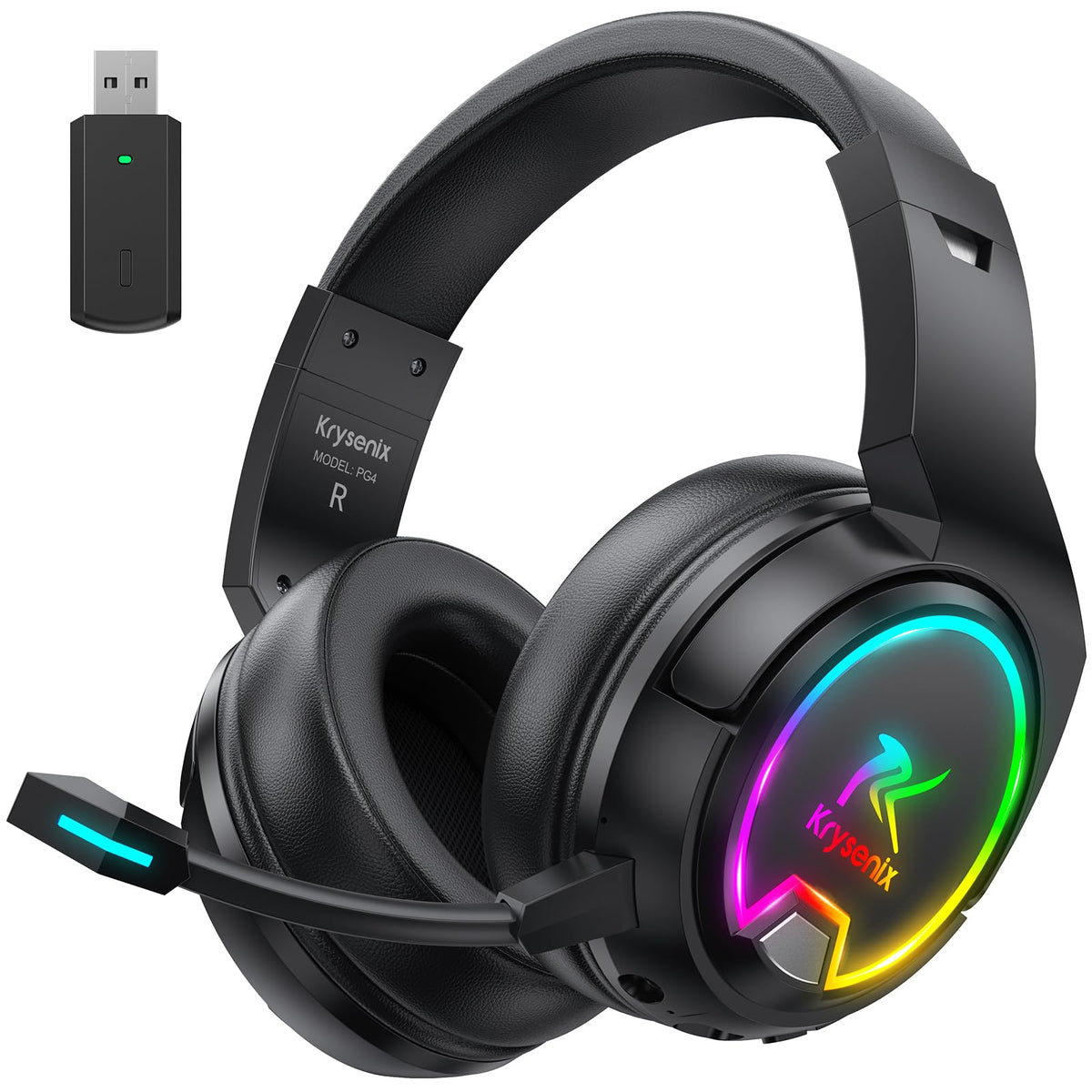 Bezvadu spēļu austiņas Krysenix PG4 2.4GHz PS4, PS5, PC, Mac, Switch, 48H, ar trokšņu slāpējošu mikrofonu, Bluetooth, LED gaismas, surround skaņa, melnas