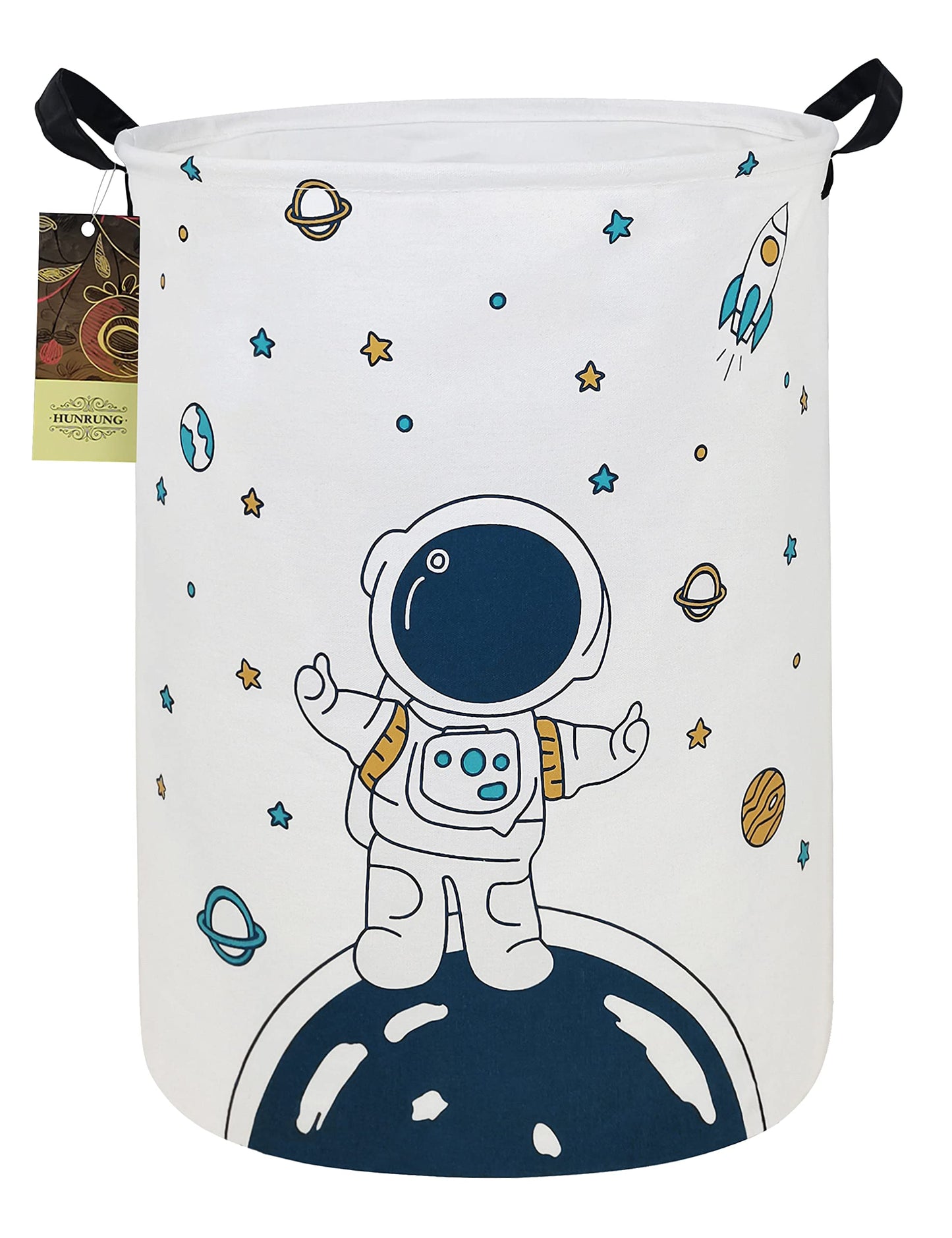 Veļas un uzglabāšanas grozs HUNRUNG, apaļš audekla grozs ar astronauta motīvu, salokāms, ar rokturiem