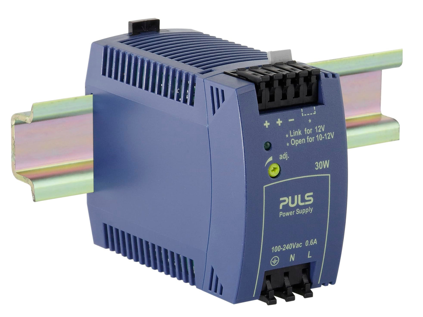 PULS MiniLine ML30.102 - 12V DC power supply, 2.5A, 30W, 1 output, compact DIN rail design.