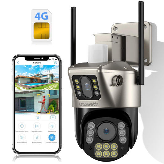 DIDseth 4G LTE uzraudzības kamera ārā ar diviem objektīviem, 4MP uzraudzības kamera ārā ar SIM karti, PTZ kamera ārā ar krāsu nakts redzamību, AI cilvēku atpazīšana, automātiskā sekošana, IP66