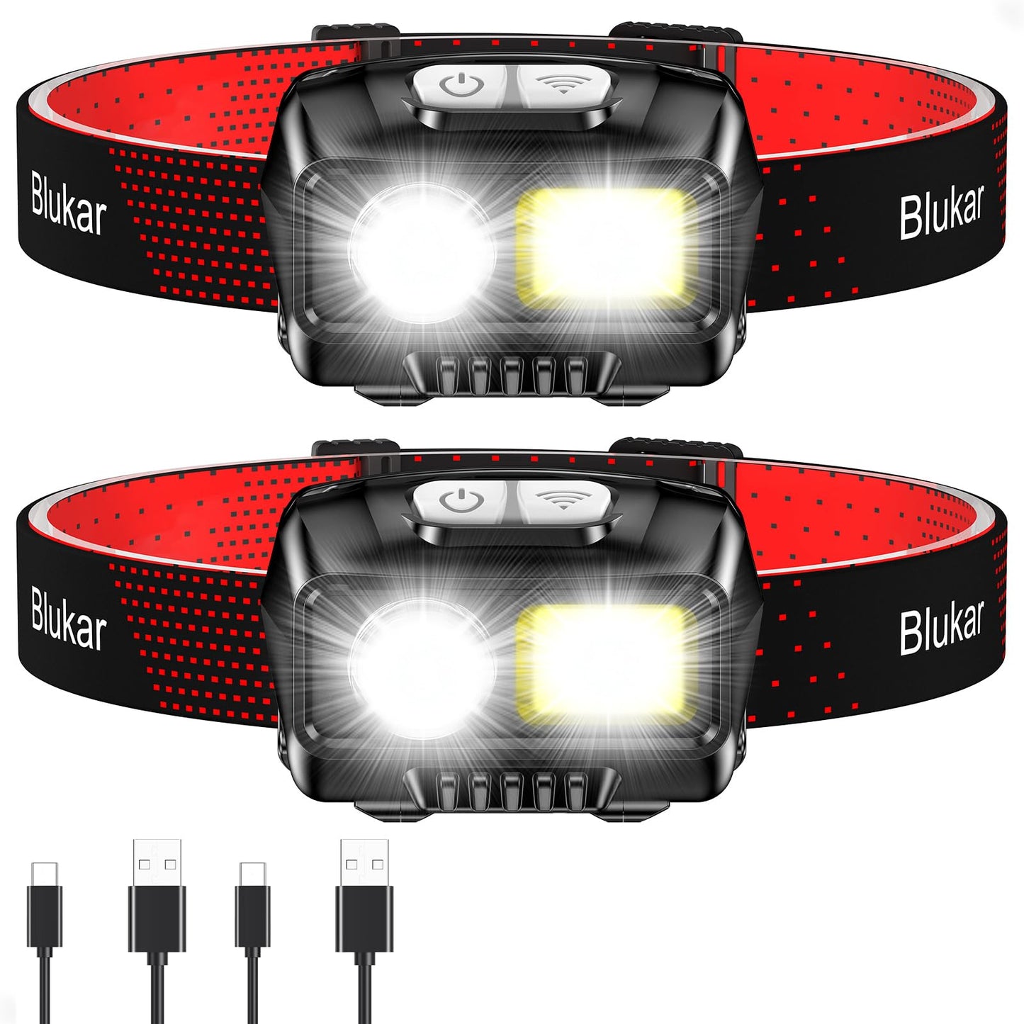 Uzlādējama LED pieres lampa Blukar 2000L ar sarkano gaismu, 2 gab.