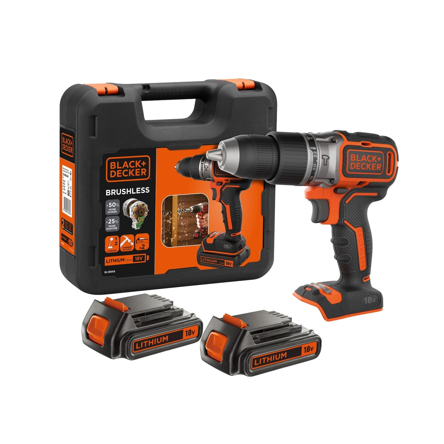 Black+Decker bezsuku 2 ātrumu 18 V triecienurbjmašīna - 1.5 Ah akumulatori, 400 mA lādētājs, koferis, dubultbits.