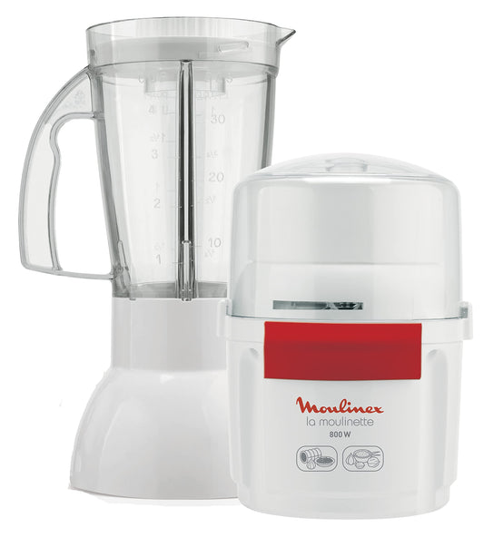Moulinex AR6801 - 800W food processor and blender with double stainless steel blades, 200g capacity, 750ml, white/red.