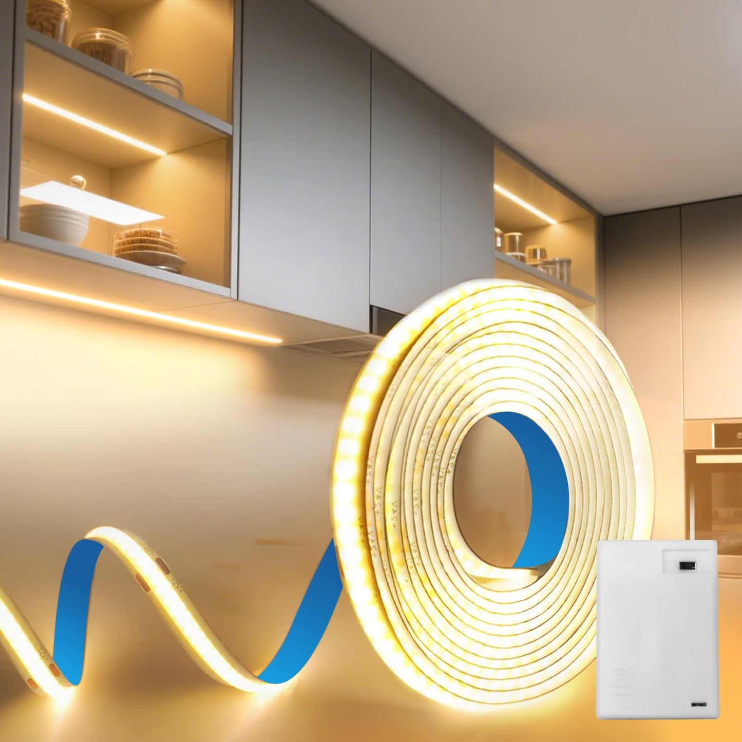 LED lente ar baterijām BRIMETI 1M, COB LED lente Warmweiss 3000K, 320LEDs/M, 5V, pašlīmējoša, elastīga gaismas lente DIY mājas apgaismojumam virtuvei, guļamistabai, skapjiem un kāpnēm