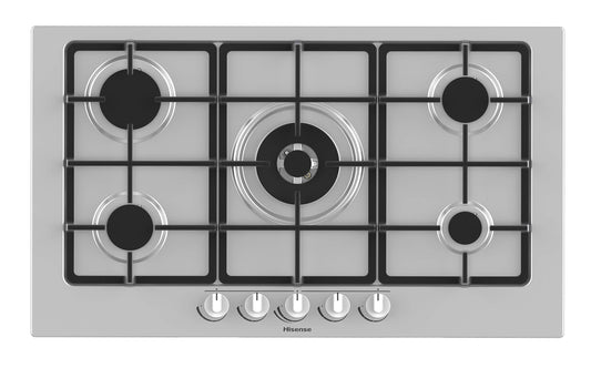 Hisense GM973XF gāzes plīts, 5 gatavošanas zonas, platums 90 cm, čuguna grils, integrēta aizdedze, pretpirkstu nospiedumu, wok degļa.