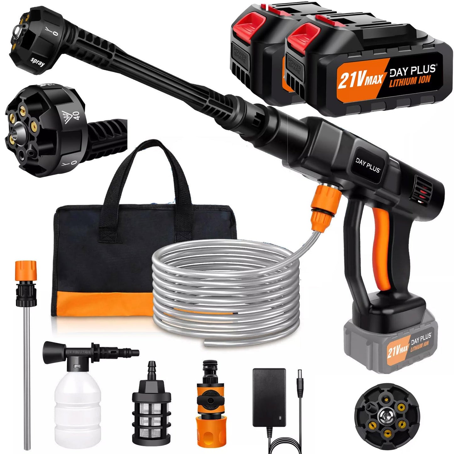 Akumulatora augstspiediena mazgātājs 6000W 350 bar, FL chenreiniger, tvaika strūkla 5000 PSI, 6-in-1 regulējama sprausla un 5 m šļūtene tīrīšanai un laistīšanai, ar 2 gab. 3,0 Ah akumulatoriem