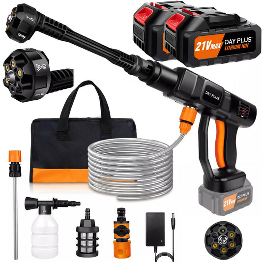 Akumulatora augstspiediena mazgātājs 6000W 350 bar, FL chenreiniger, tvaika strūkla 5000 PSI, 6-in-1 regulējama sprausla un 5 m šļūtene tīrīšanai un laistīšanai, ar 2 gab. 3,0 Ah akumulatoriem