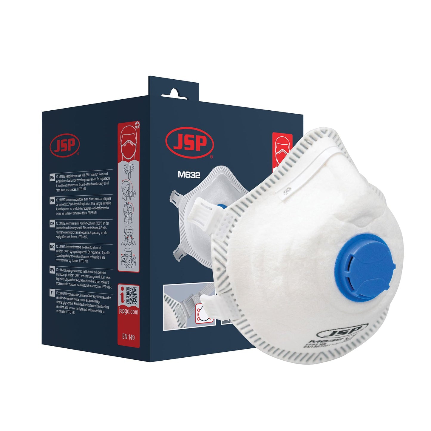 Respirators JSP M632 FFP3 ar vārstu, 10 gab. iepakojums, putekļu maska, smalko putekļu maska