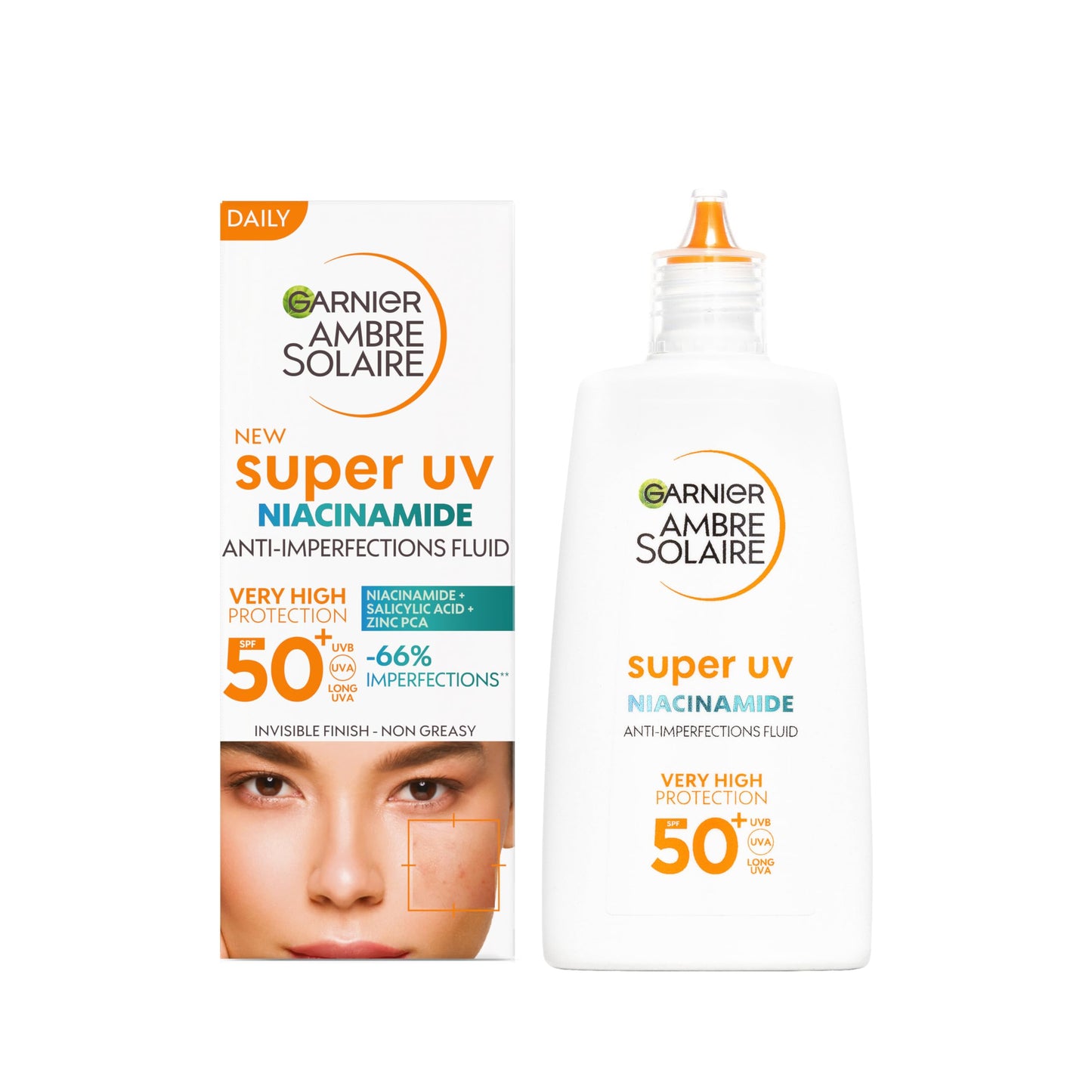 Saules aizsargkrēms sejai Garnier Ambre Solaire Super UV Niacinamide Daily Fluid SPF 50+ pret ādas nepilnībām, neredzams finišs, 1 x 40 ml