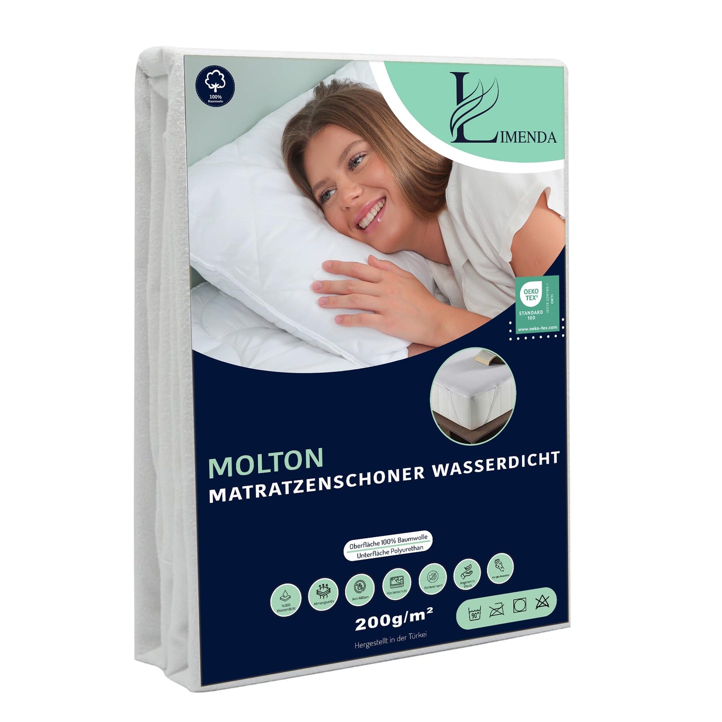 Limenda Molton matracis pārvalks 180x200 (2 gab.) - ūdensnecaurlaidīgs Molton matrača pārklājs 180x200 no 100% kokvilnas, matrača aizsardzība, mazgājams inkontinences paliktnis