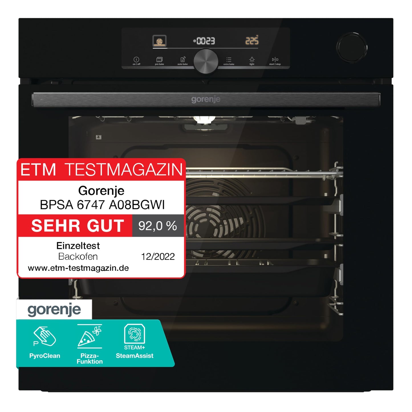 Iebūvējamā cepeškrāsns Gorenje OptiBake Advanced BPSA 6747 A08BG, 77 L, karstā gaisa, pirolīze, AutoBake, skārienvadība, gaļas termometrs, GentleClose & Open, SteamAssist, PizzaMode 300°C, melna