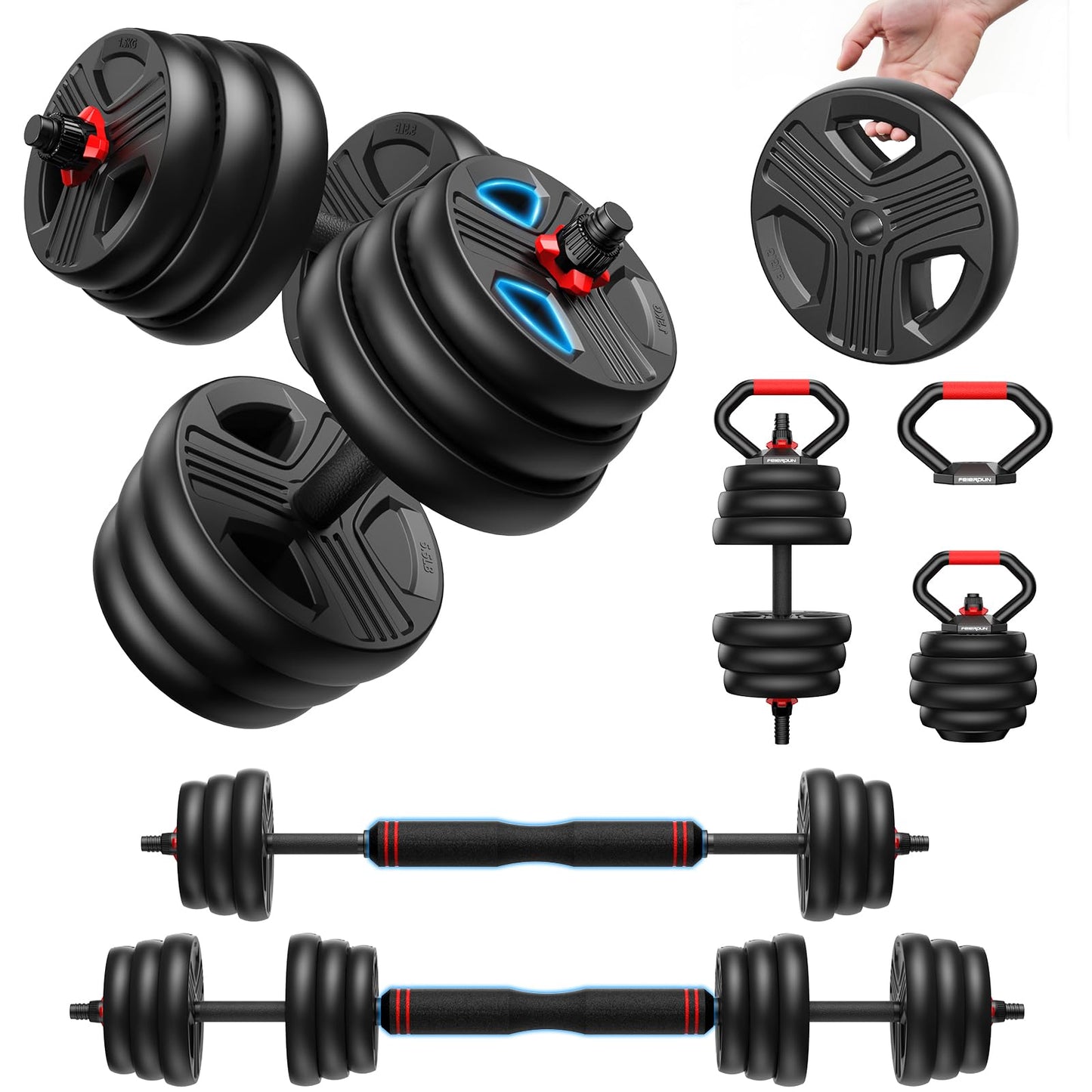 Regulējamas hanteles FEIERDUN 10kg-40kg, 2 gab. komplekts, 5-in-1 hanteles, stieņa, kettlebell un atspiešanās rokturi pilna ķermeņa treniņiem