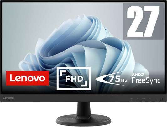 Lenovo D27-45 Monitor - 27" Full HD, 1920x1080, 75Hz, 4ms response, VA panel, HDMI, VGA, AMD FreeSync, anti-glare, black