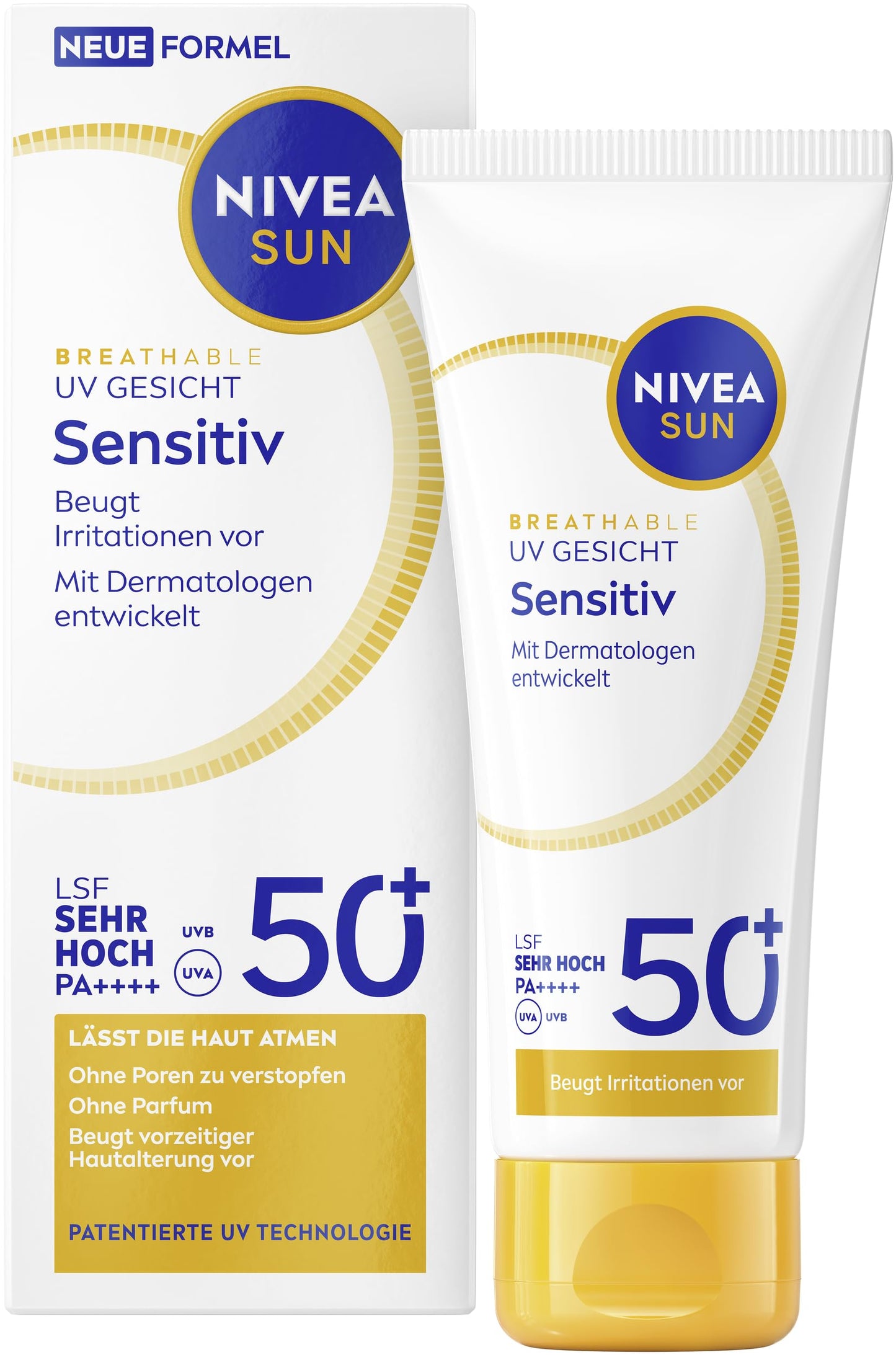 Sejas sauleskrēms NIVEA SUN LSF 50+, bez smaržvielām, jutīgai ādai, elpojošs sauleskrēms ar 98% UVB aizsardzību, Breathable UV Gesicht Sensitiv (40 ml)