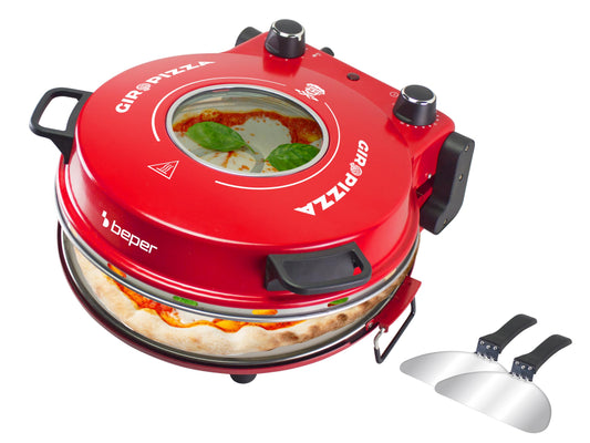 BEPER P101CUD301 Elektriskais picas cepeškrāsns, 1200W, temperatūra 400°C, 31 cm cepšanas plāksne, picas cepeškrāsns ar izņemamu ugunsizturīgu plati, porthole, nerūsējošā tērauda lāpstiņas, sarkans