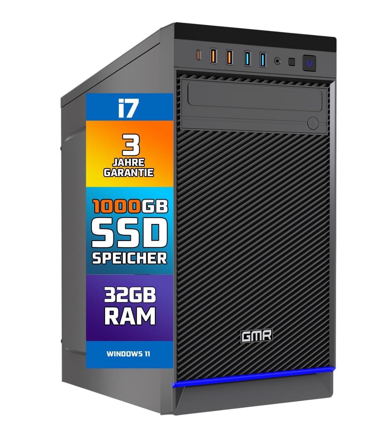 GMR Ultra galddators - Intel i7, Windows 11 Pro, 32GB RAM, 1000GB SSD, USB 3, WiFi, Bluetooth, Office PC ar DVD, 3 gadu garantija