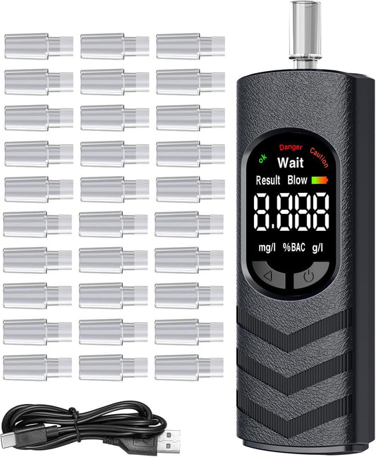 Alkotesteris Nexpho ar USB-C uzlādējamu akumulatoru, pusvadītāju sensoru, krāsu LCD, 30 iemutīšiem, pārnēsājams, policijas precizitāte
