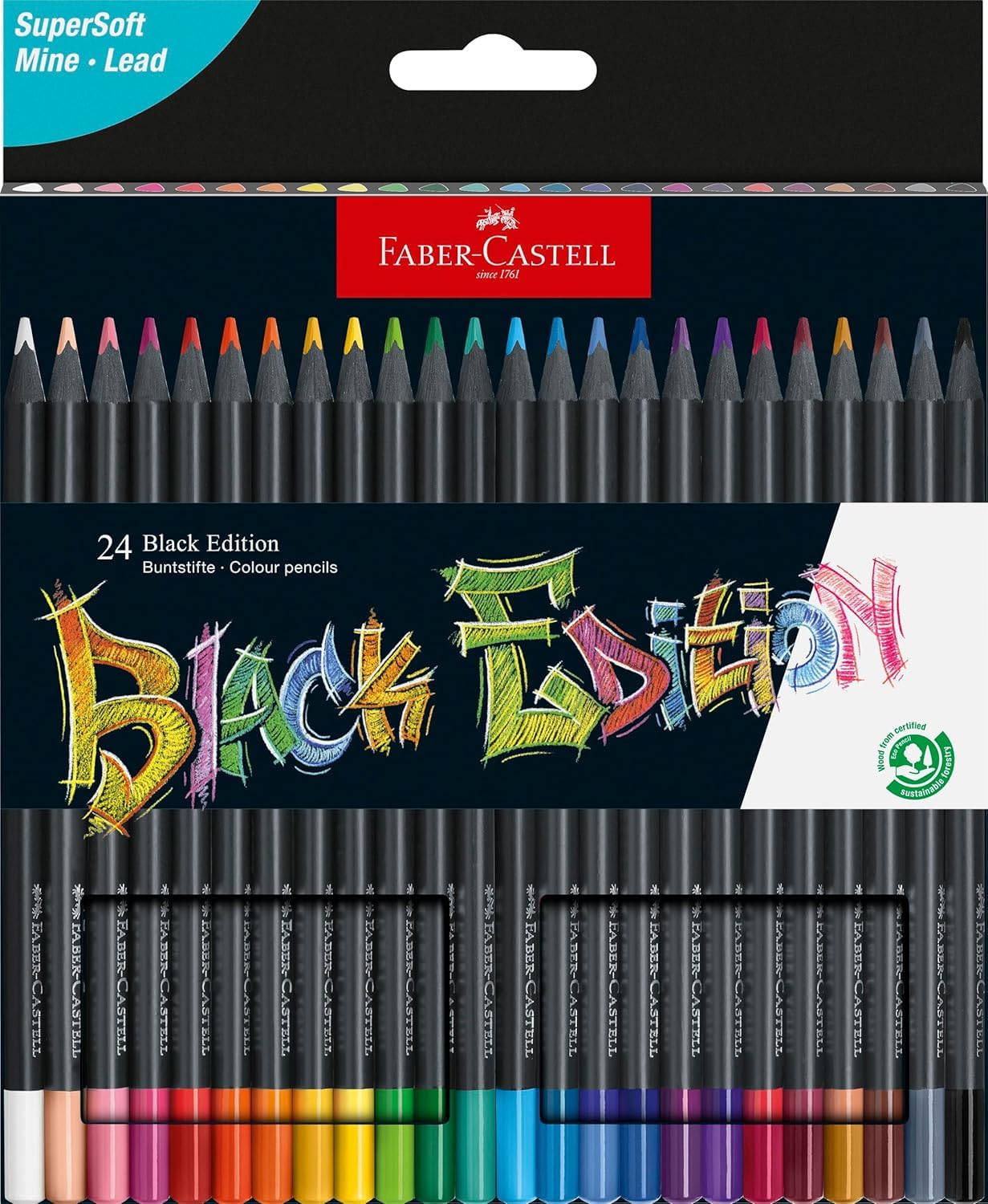 Krāsainie zīmuļi Faber-Castell Black Edition, 24 gab., kartona futrālī
