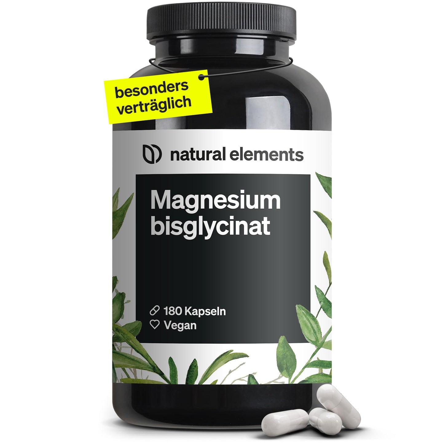 Magnija bisglicināts natural elements Premium – helatēts magnijs, 180 kapsulas, 300mg elementārā magnija dienas devā, laboratoriski pārbaudīts, vegānisks, augsta deva