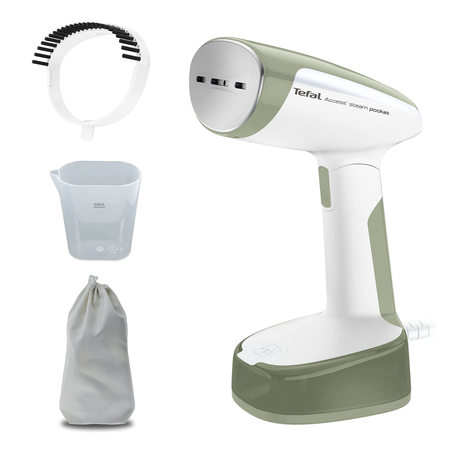 Tefal Access Steam Pocket - kompakts, salokāms tvaika gludeklis, 1300W, 15 sek uzsilšana, 120ml tvertne, balts/khaki