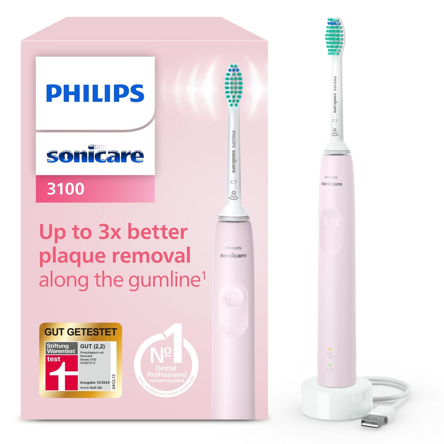 Philips Sonicare 3100 elektriskā zobu birste, skaņas zobu birste, spiediena kontrole un taimeris, rozā, modelis HX3671/11