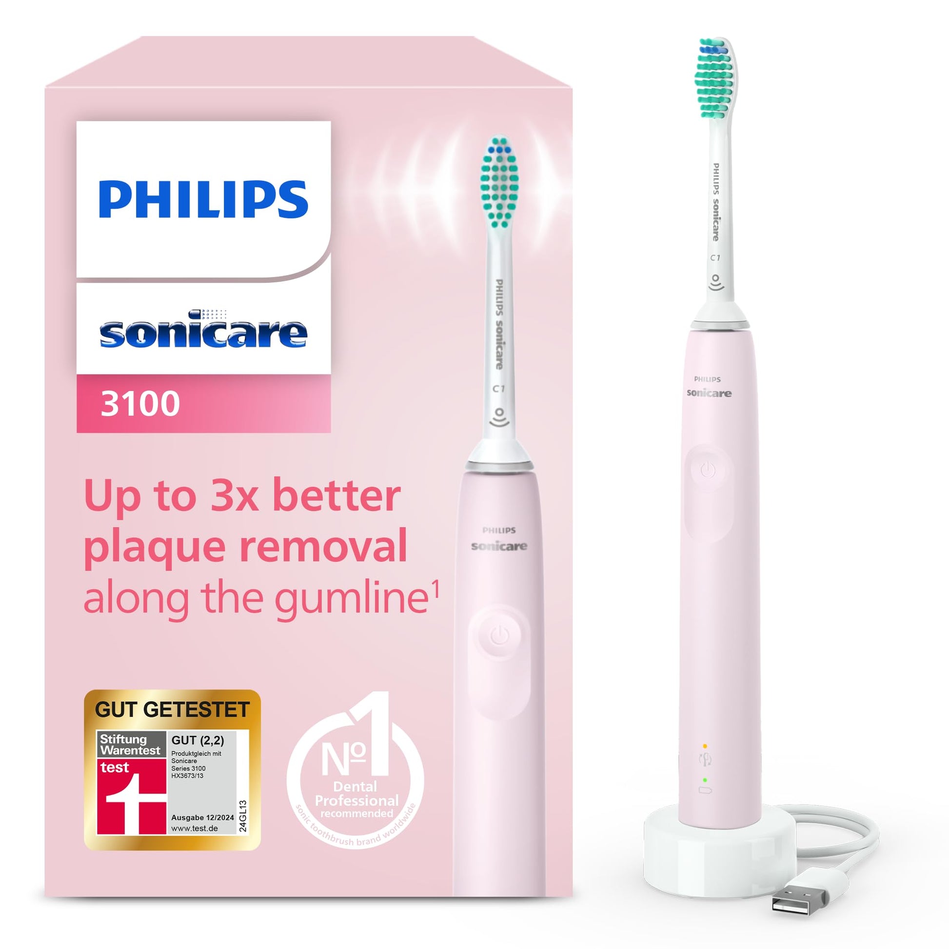 Philips Sonicare 3100 elektriskā zobu birste, skaņas zobu birste, spiediena kontrole un taimeris, rozā, modelis HX3671/11