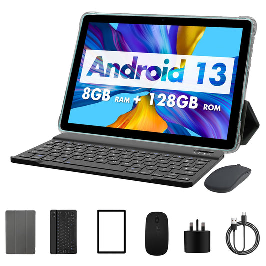 PRITOM 10 collu Android 13 planšetdators, 8GB(4+4), 128GB, paplašināms līdz 1TB, 8000 mAh, WiFi planšetdators, Qcta Core procesors, WiFi 6, planšetdators ar tastatūru, peli, vāku, zilgani zaļš